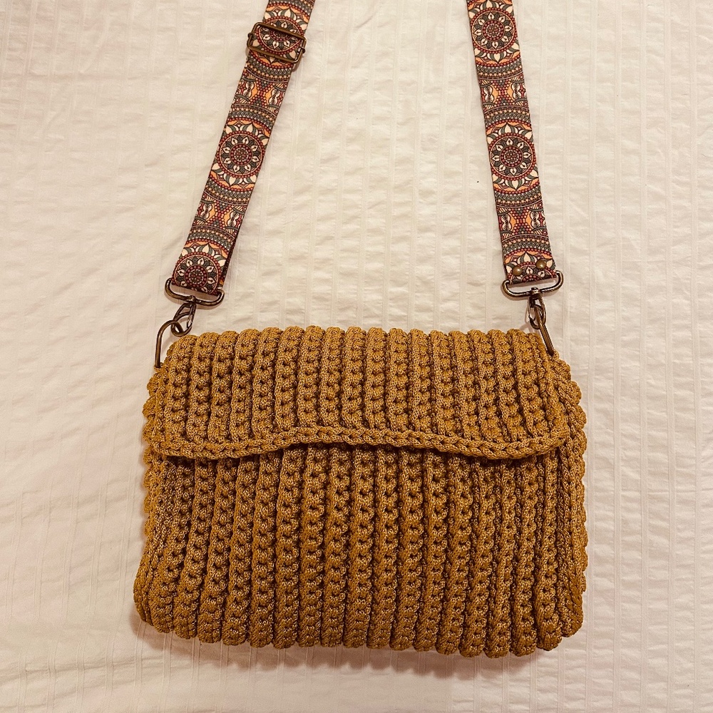 Crossbody Handmade Crochet Woven Khaki Bag NWOT